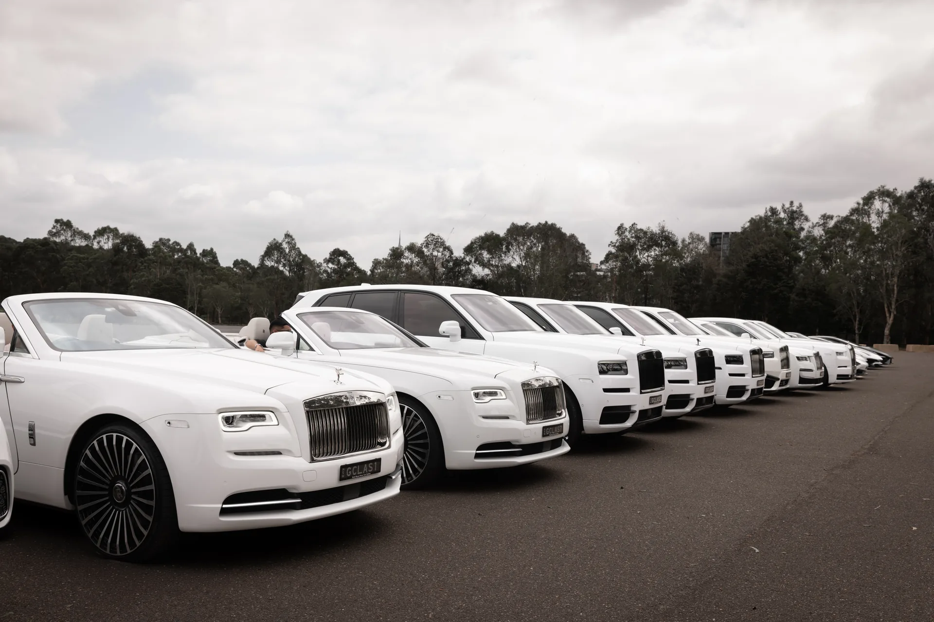 A white luxury wedding car line-up, G Class Hire Sydney